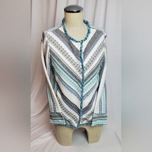 Chicos Knit snap front long sleaved fringed top